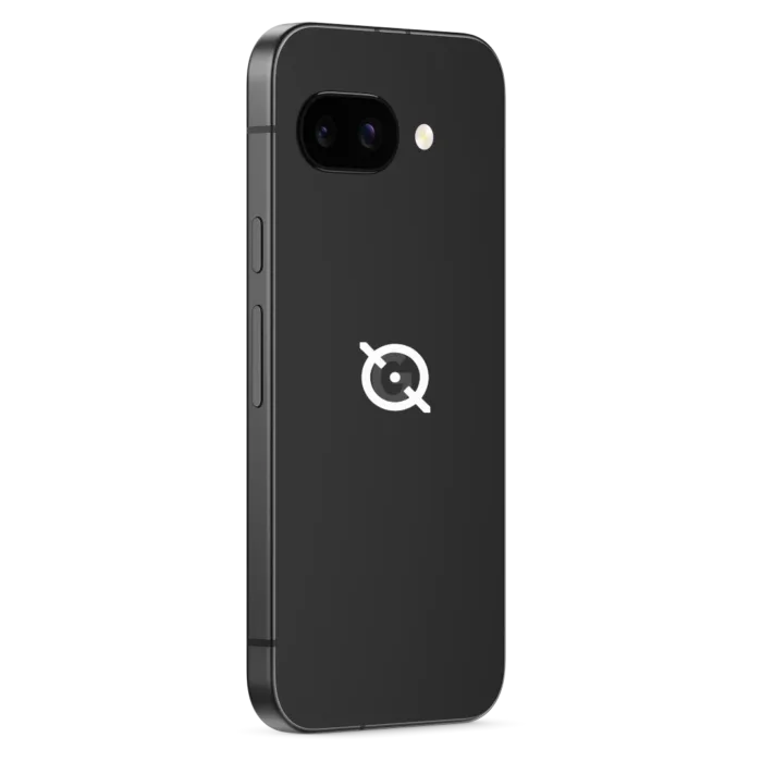 Noiz deGoogled Pixel 9a rear angled side view with icon